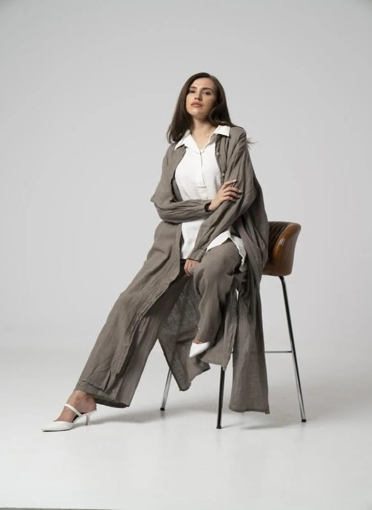Aila Fashion Light brown linen cardigan with pants 107