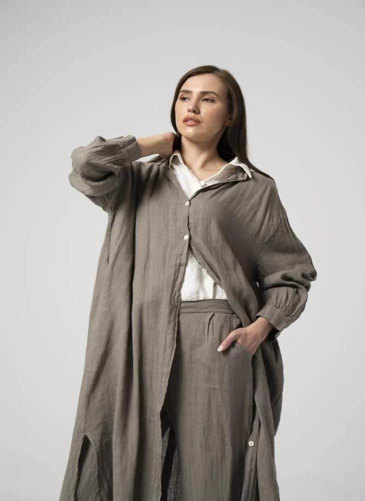 Aila Fashion Light brown linen cardigan with pants 107