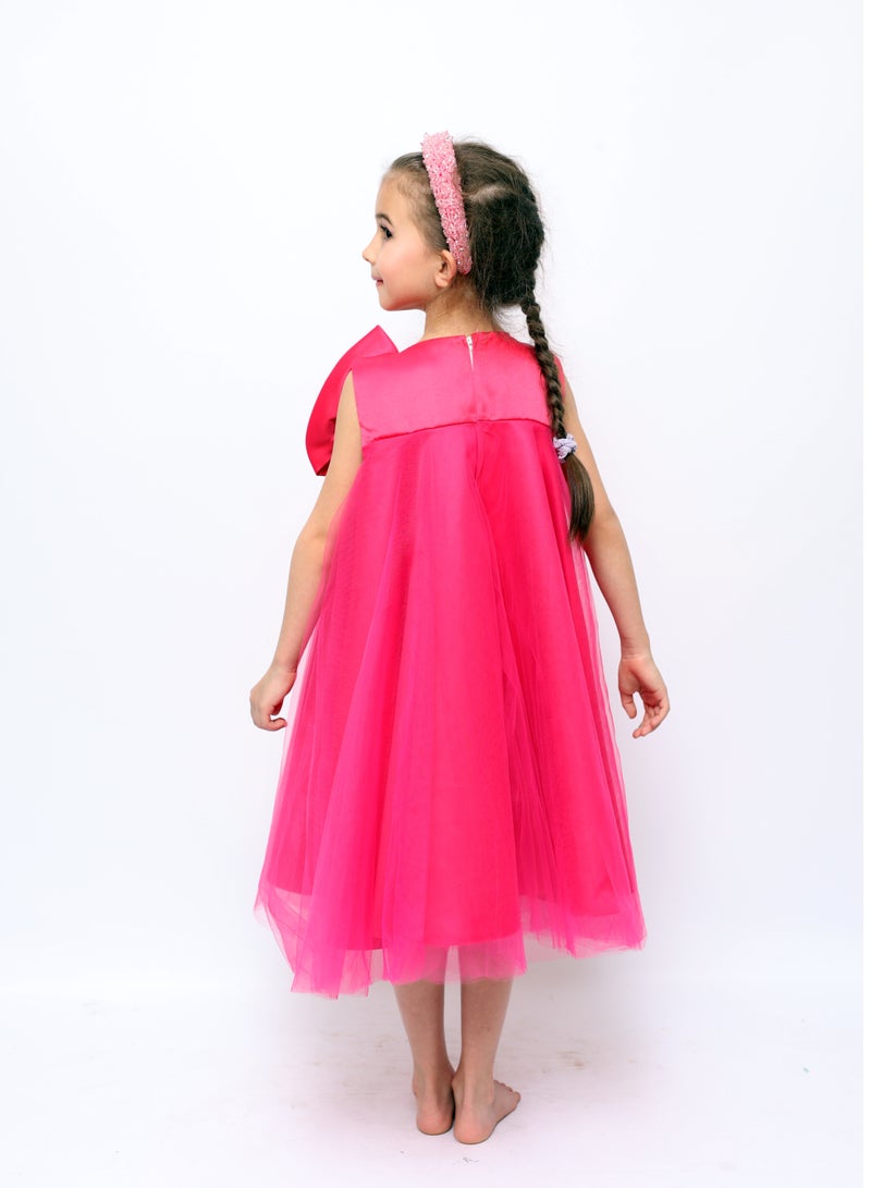 دىدانيالا فستان سهرة دانتيلا بفيونكة كبيرة لون وردي فاقع - Image 3