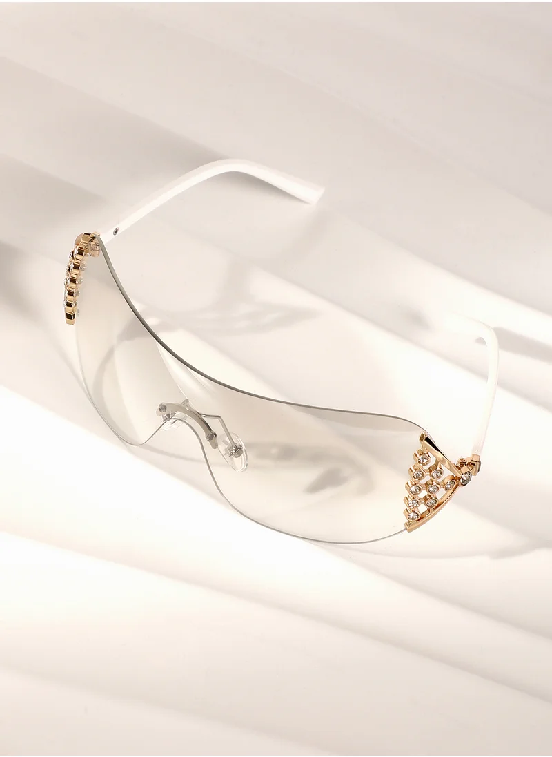 صوص هاوت Haute Sauce Women's The Bling Wrap Sunglasses For Casual Wear | One-Size | Daisy White Polycarbonate Frame | Midnight Black Polarized Lens | Rimless | Eyewear For Woman & Girls