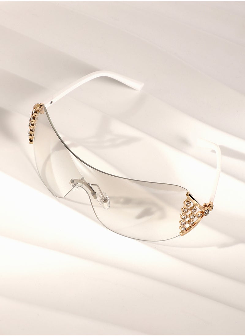 Haute Sauce Haute Sauce Women's The Bling Wrap Sunglasses For Casual Wear | One-Size | Daisy White Polycarbonate Frame | Midnight Black Polarized Lens | Rimless | Eyewear For Woman & Girls  - Image 1