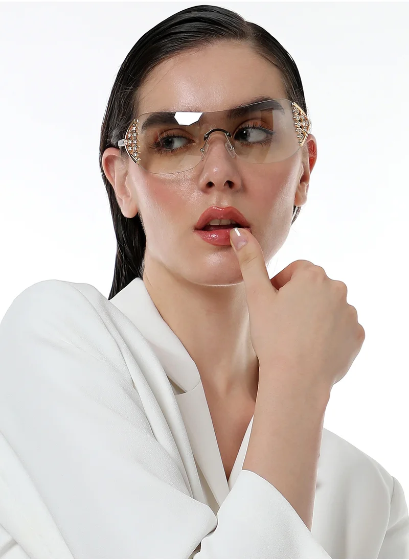 صوص هاوت Haute Sauce Women's The Bling Wrap Sunglasses For Casual Wear | One-Size | Daisy White Polycarbonate Frame | Midnight Black Polarized Lens | Rimless | Eyewear For Woman & Girls