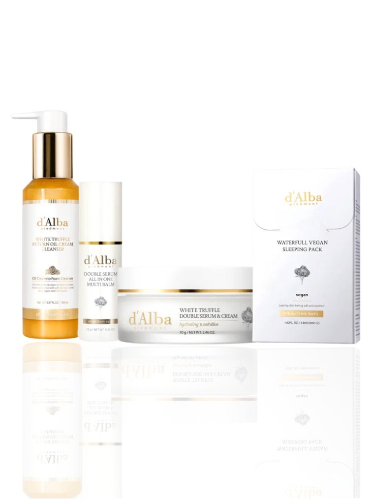d'Alba Dry, Dull & Dehydrated Skin Repair – D’Alba Hydrating Glow 4-Step Set with Oil Cream Cleanser, Double Serum Balm, Serum & Cream, Vegan Sleeping Pack - Image 1
