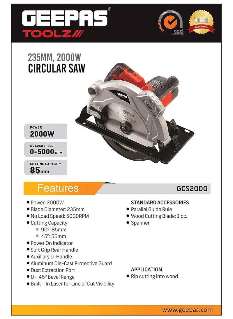 GEEPAS Geepas Circular Saw, 235 mm, Gcs2000  - Image 2