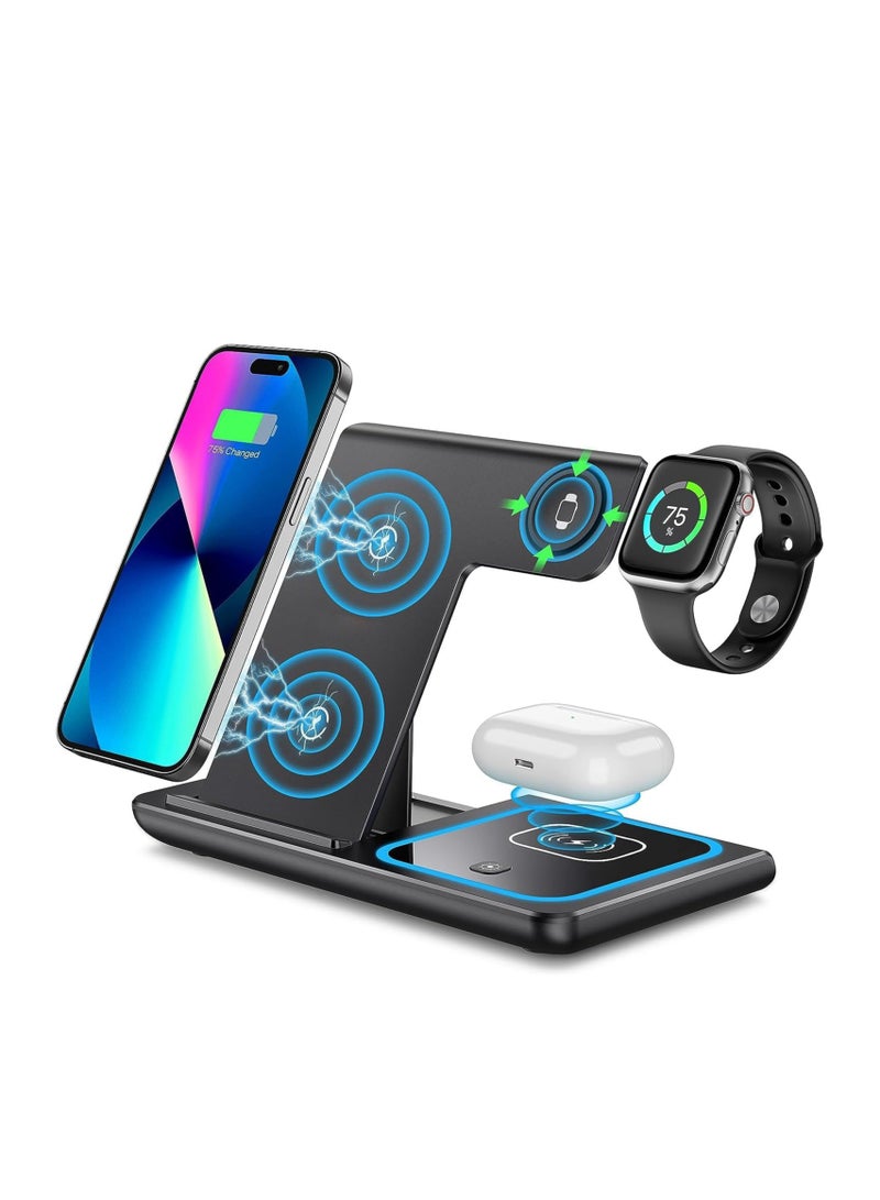 شاحن لاسلكي، محطة شحن لاسلكية 3 في 1، حامل شاحن لاسلكي سريع متوافق مع iPhone 15 14 13 12 11 Pro Max XR XS 8 Plus، لساعة Apple Watch 8 7 6 5 4 3 2 SE، لـ AirPods Pro 3 2 (أسود) - Image 1