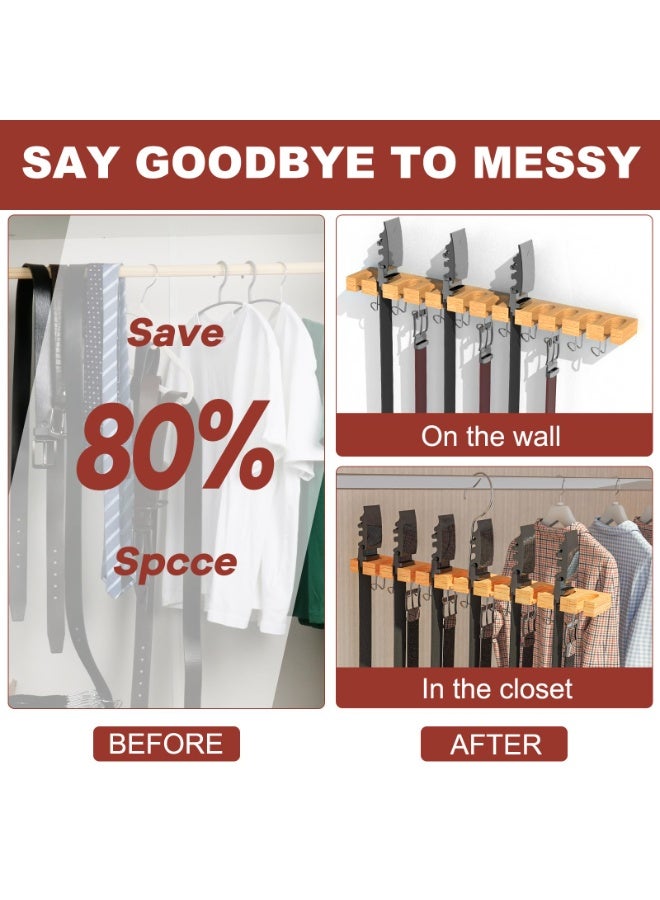 HOMESTAR The wardrobe belt hanger can hold up to 42 belts. It is a 2-in-1 wall-mounted belt storage with 360° rotating hooks, a wooden tie and belt rack, and is used for storing wardrobe accessories. It has a 12+11 storage capacity - Image 2