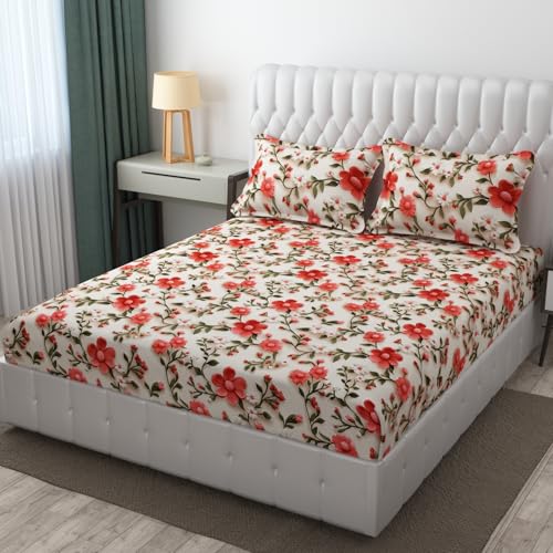 CLOUDTAILNET 220 TC Cotton Feel Glace Cotton Double Bed Sheet Set - 7D Floral Print with 2 Pillow Covers 18x28 King Size Bedsheet for Home Bedroom Mandarin Zest - Image 1