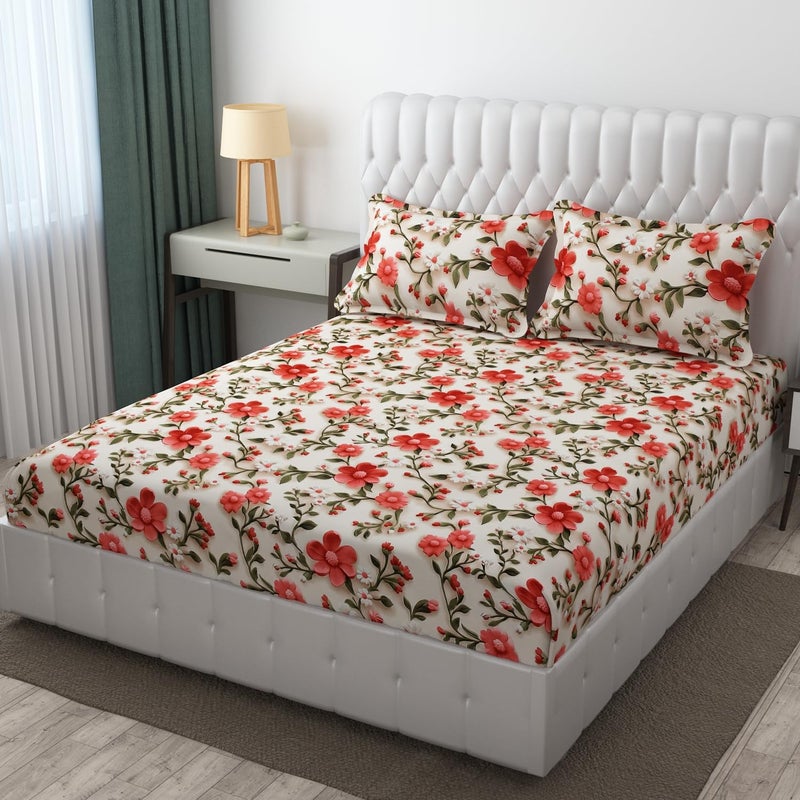 CLOUDTAILNET 220 TC Cotton Feel Glace Cotton Double Bed Sheet Set - 7D Floral Print with 2 Pillow Covers 18x28 King Size Bedsheet for Home Bedroom Mandarin Zest - Image 5