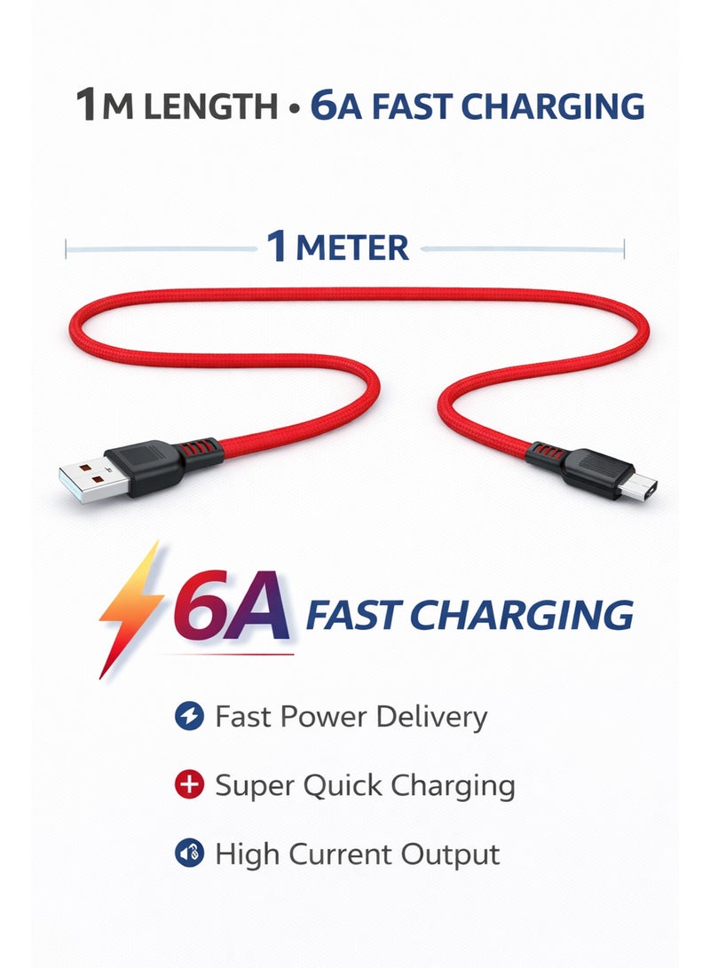 USB Type C Fast Charging Cable 6A 1 Meter Braided Charging Cord High Speed Data Transfer Durable Nylon USB-C Cable for Android Devices Power Charging - Image 3