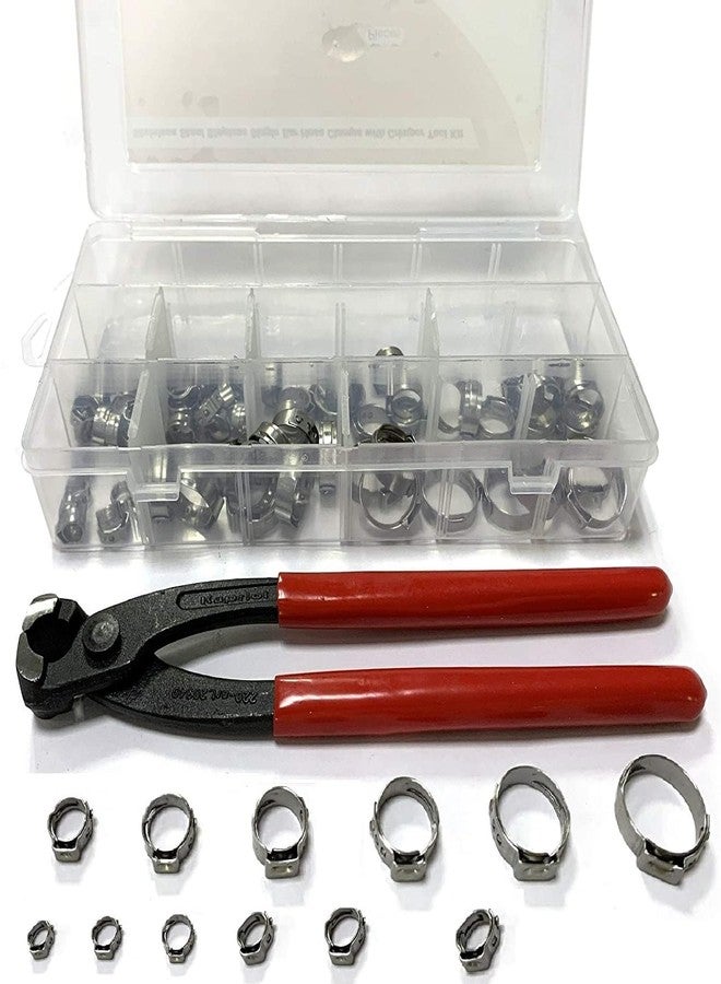 Leberna 200 Pcs 304 Stainless Steel Stepless Single Ear 5-33mm Hose Clamps with Pincers Crimper Tool Kit | Securing Pipe Hoses Automotive | Cinch Rings Pinch Clamp, Crimp Clamp Assortment PEX Crimping - Image 1