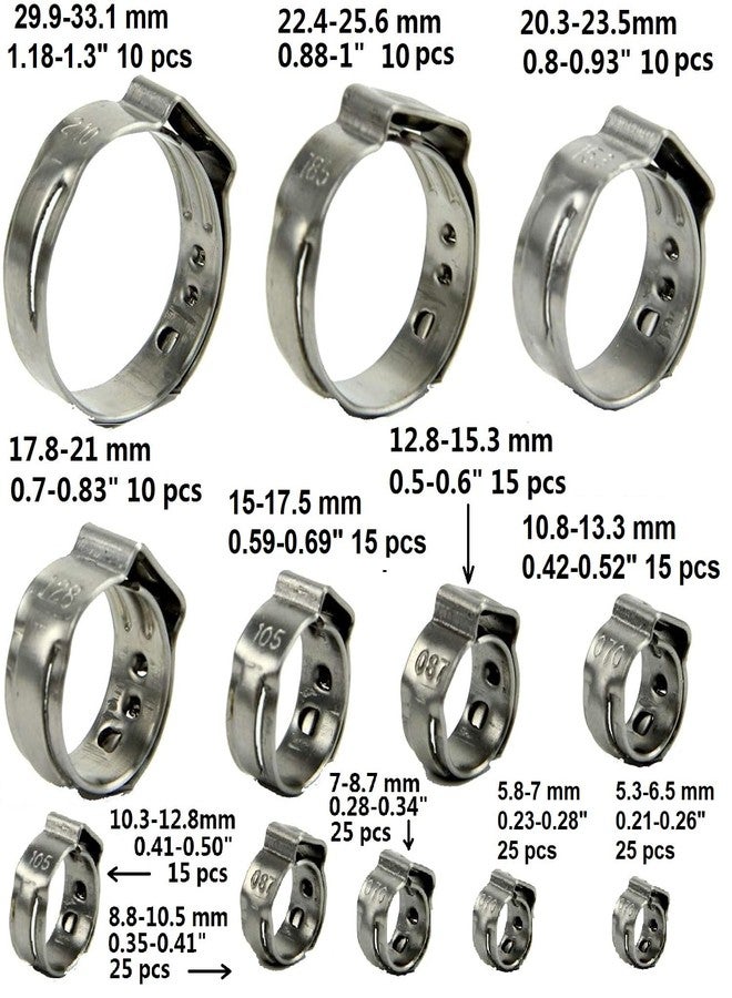 Leberna 200 Pcs 304 Stainless Steel Stepless Single Ear 5-33mm Hose Clamps with Pincers Crimper Tool Kit | Securing Pipe Hoses Automotive | Cinch Rings Pinch Clamp, Crimp Clamp Assortment PEX Crimping - Image 2
