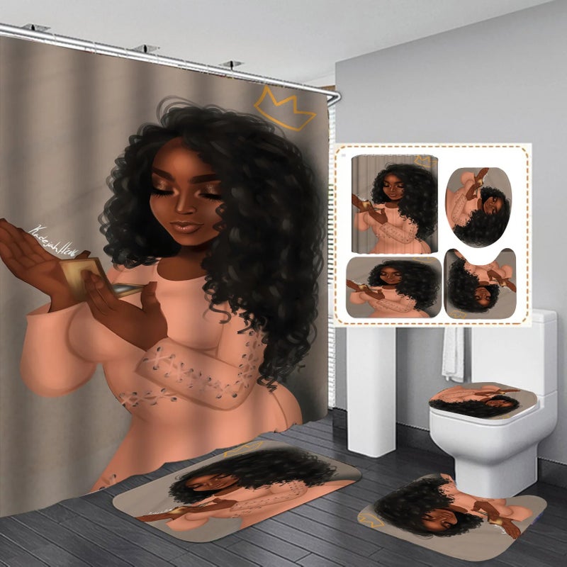 Bluejw 3D Print Black Women Art African American Bathroom Set 4 Pcs with Shower Curtain Rings, Stylish Shower Curtain Sets for Bathroom Decor - Image 1