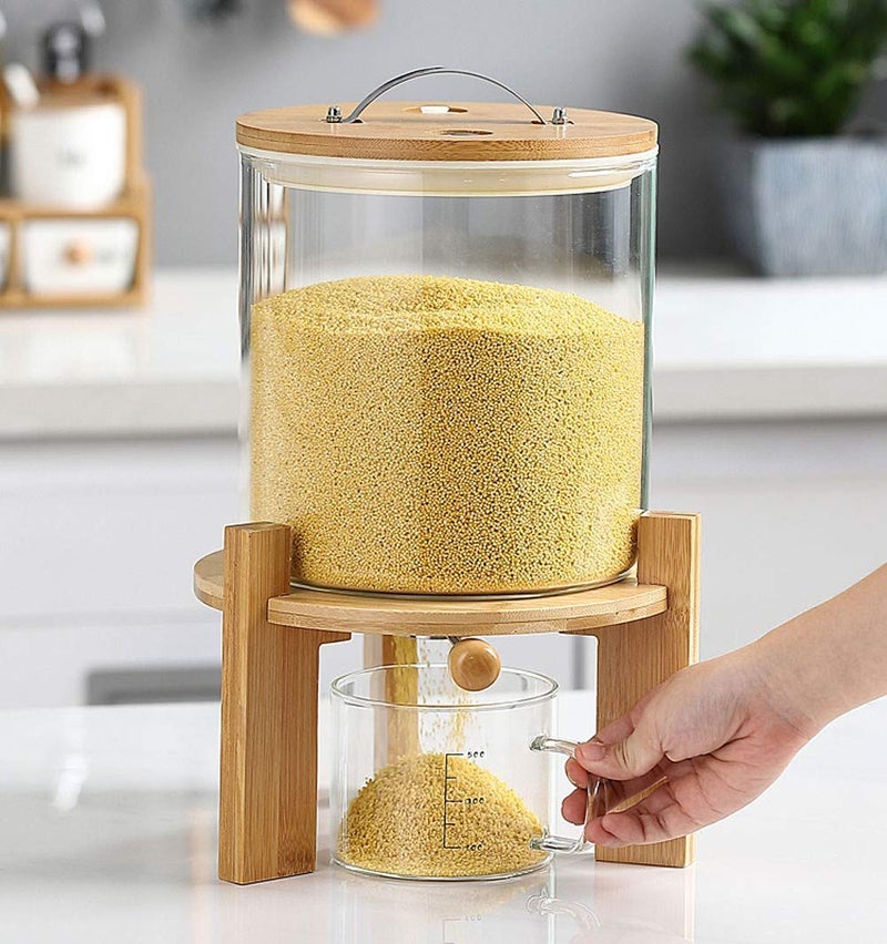 Aprilhp Flour and Cereal Container, 5L/8L, Rice Dispenser, Creative Glass Food Storge Container for Kitchen Organization and Pantry Store, Airtight Lid and Wooden Stand8L  - Image 2