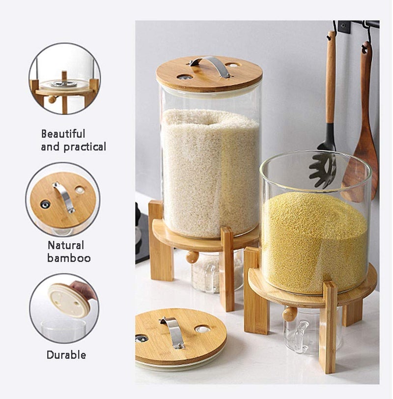 Aprilhp Flour and Cereal Container, 5L/8L, Rice Dispenser, Creative Glass Food Storge Container for Kitchen Organization and Pantry Store, Airtight Lid and Wooden Stand8L  - Image 3