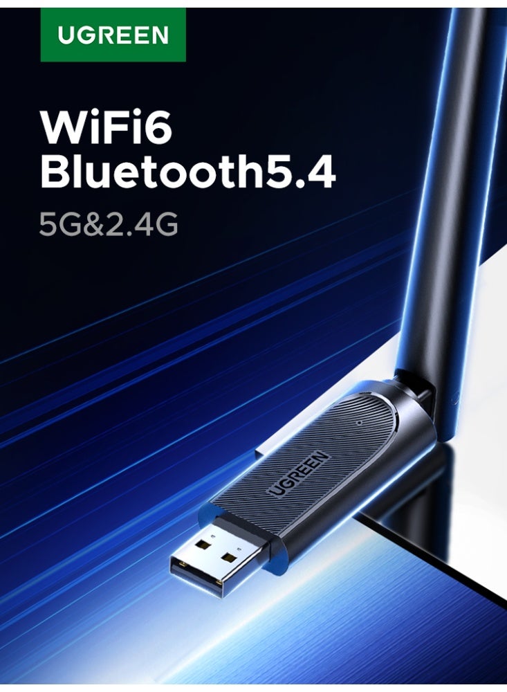 Ugreen 2-in-1 AX900 WiFi 6 Bluetooth 5.4 Adapter Dual Band (5GHz 900Mbps, 2.4GHz 287Mbps), 6dBi High-gain Antenna, Wireless Network Adapter for Desktop/Laptop, Compatible with Windows 10/11 black
