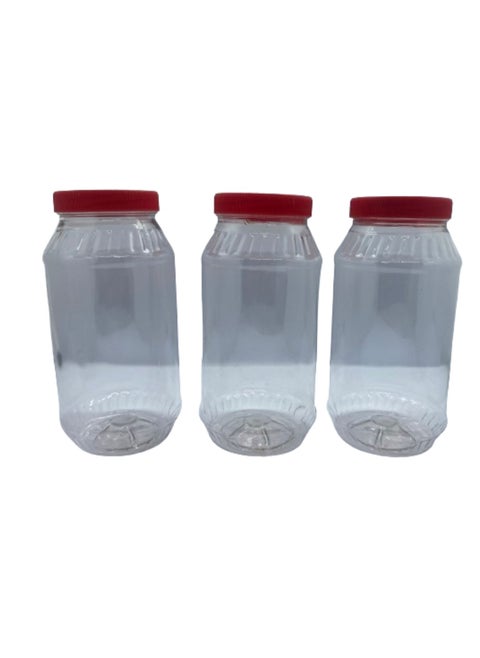 3 transparent plastic jars with a red lid, each jar capacity 1 kilo