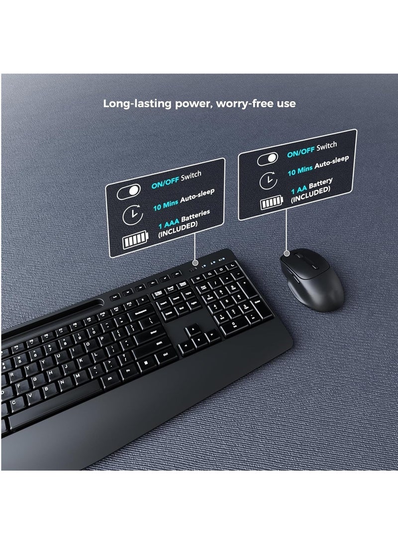 اووكاي لوحة مفاتيح وماوس لاسلكيان مريحان، قابلان للشحن بتردد 2.4 جيجاهرتز، بتصميم موجة هادئة، مع مسند للمعصم وحامل للهاتف، لأجهزة الكمبيوتر، واللاب توب، والكمبيوتر الشخصي، وماك، وويندوز (أسود) - Image 4