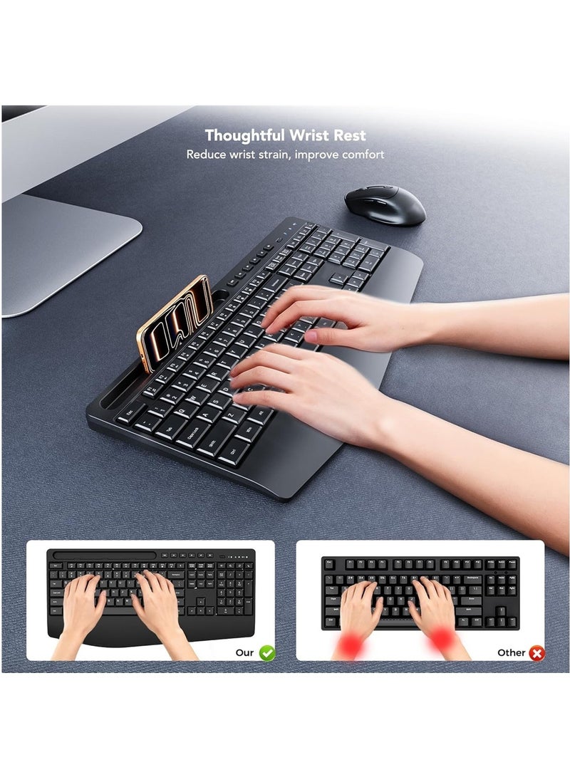اووكاي لوحة مفاتيح وماوس لاسلكيان مريحان، قابلان للشحن بتردد 2.4 جيجاهرتز، بتصميم موجة هادئة، مع مسند للمعصم وحامل للهاتف، لأجهزة الكمبيوتر، واللاب توب، والكمبيوتر الشخصي، وماك، وويندوز (أسود) - Image 2