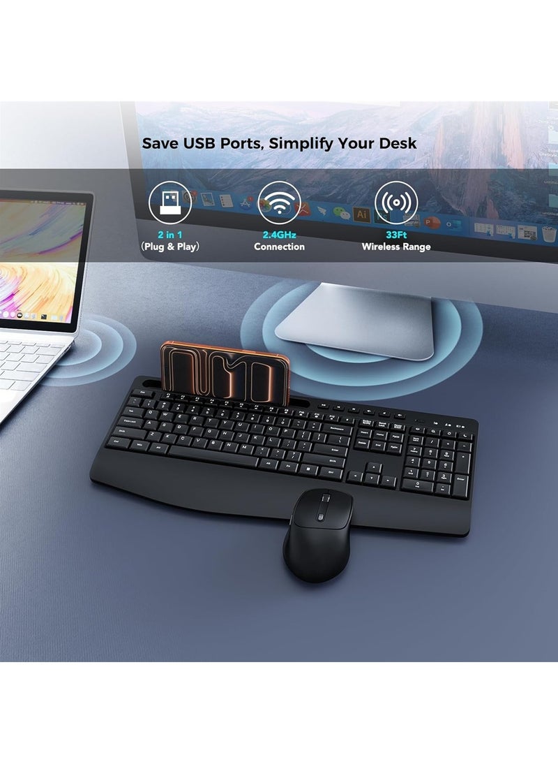 اووكاي لوحة مفاتيح وماوس لاسلكيان مريحان، قابلان للشحن بتردد 2.4 جيجاهرتز، بتصميم موجة هادئة، مع مسند للمعصم وحامل للهاتف، لأجهزة الكمبيوتر، واللاب توب، والكمبيوتر الشخصي، وماك، وويندوز (أسود) - Image 3