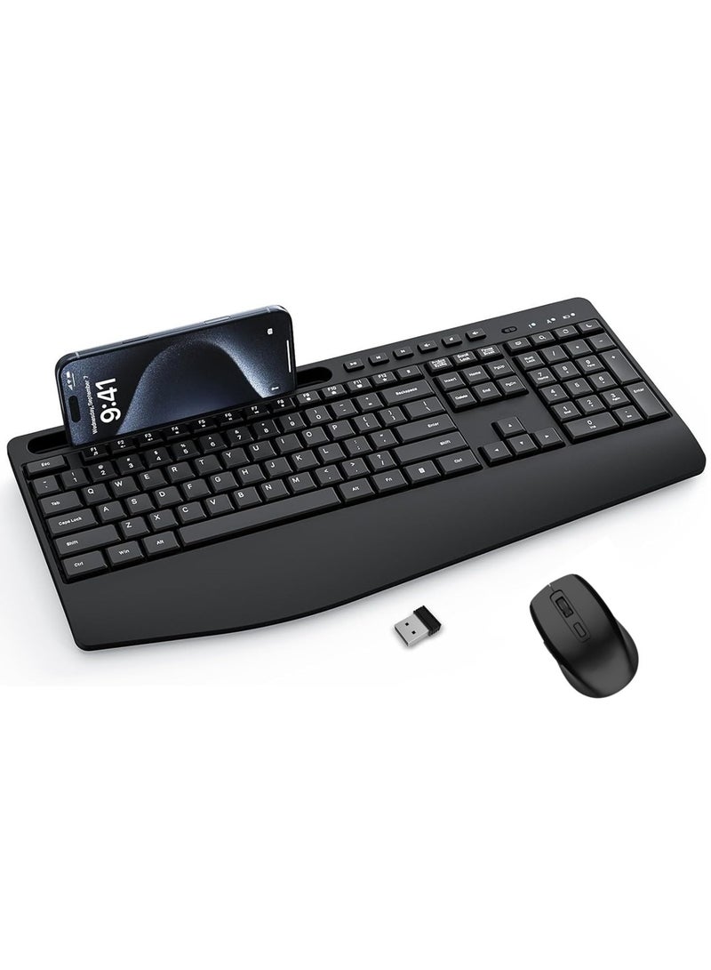 اووكاي لوحة مفاتيح وماوس لاسلكيان مريحان، قابلان للشحن بتردد 2.4 جيجاهرتز، بتصميم موجة هادئة، مع مسند للمعصم وحامل للهاتف، لأجهزة الكمبيوتر، واللاب توب، والكمبيوتر الشخصي، وماك، وويندوز (أسود) - Image 1