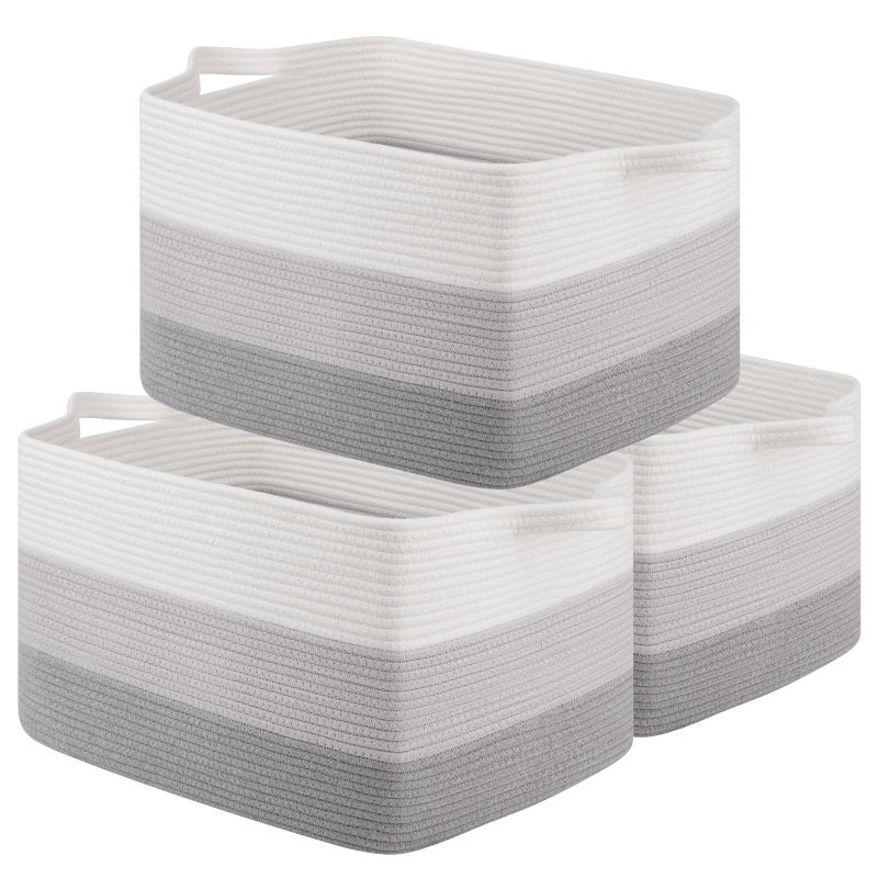 OIAHOMY Rectangle Woven Storage Basket - Nursery Cotton Rope Baskets for Storage, Toy Basket Organizing for Living Room, 17.7"x13.8"x11"- Pack of 3 - Gradient Gray - Image 1