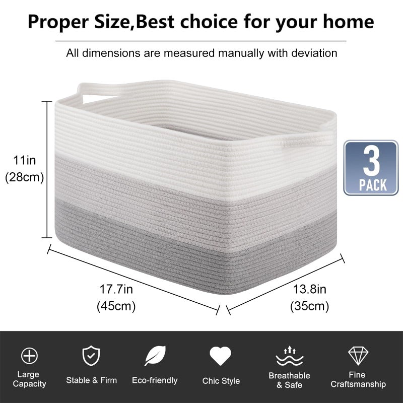 OIAHOMY Rectangle Woven Storage Basket - Nursery Cotton Rope Baskets for Storage, Toy Basket Organizing for Living Room, 17.7"x13.8"x11"- Pack of 3 - Gradient Gray - Image 3