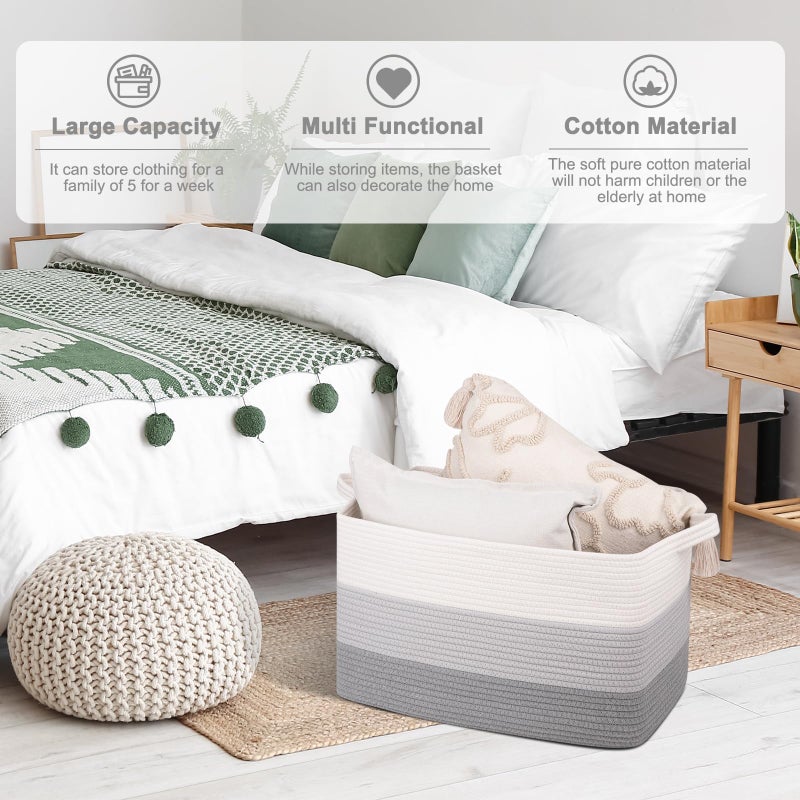 OIAHOMY Rectangle Woven Storage Basket - Nursery Cotton Rope Baskets for Storage, Toy Basket Organizing for Living Room, 17.7"x13.8"x11"- Pack of 3 - Gradient Gray - Image 4