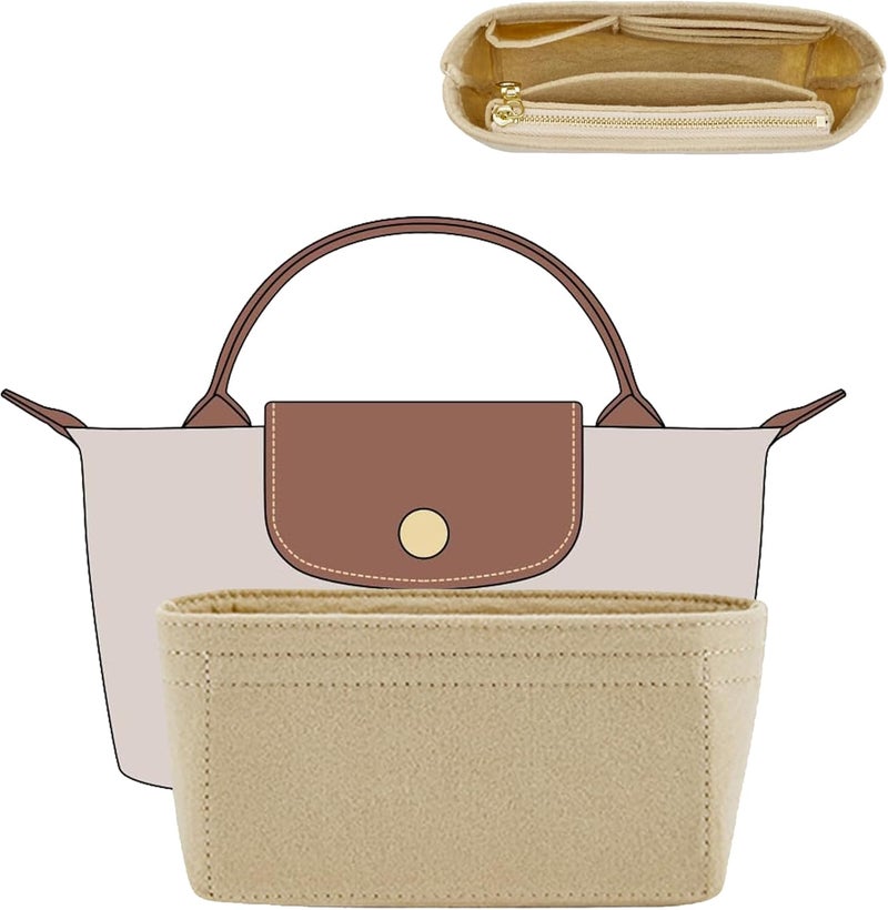Doxo Purse Organizer Insert for Longchamp Le Pliage XS, Premium Felt Tote Bag Organizer with 7 Compartments and Zippered Pocket (Beige, Mini) - Image 1