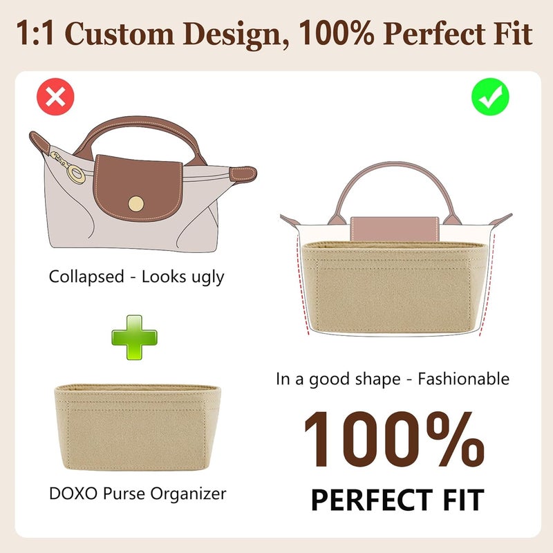 Doxo Purse Organizer Insert for Longchamp Le Pliage XS, Premium Felt Tote Bag Organizer with 7 Compartments and Zippered Pocket (Beige, Mini) - Image 3