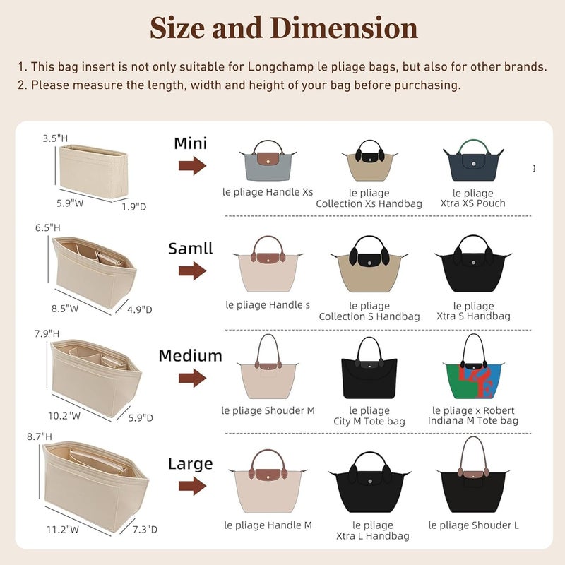 Doxo Purse Organizer Insert for Longchamp Le Pliage XS, Premium Felt Tote Bag Organizer with 7 Compartments and Zippered Pocket (Beige, Mini) - Image 2