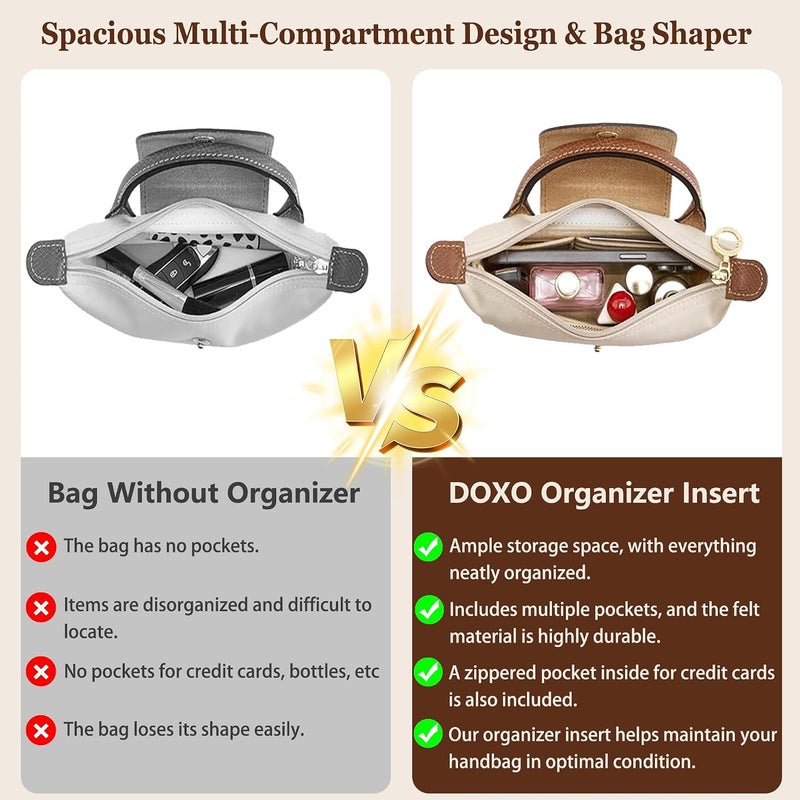 Doxo Purse Organizer Insert for Longchamp Le Pliage XS, Premium Felt Tote Bag Organizer with 7 Compartments and Zippered Pocket (Beige, Mini) - Image 5