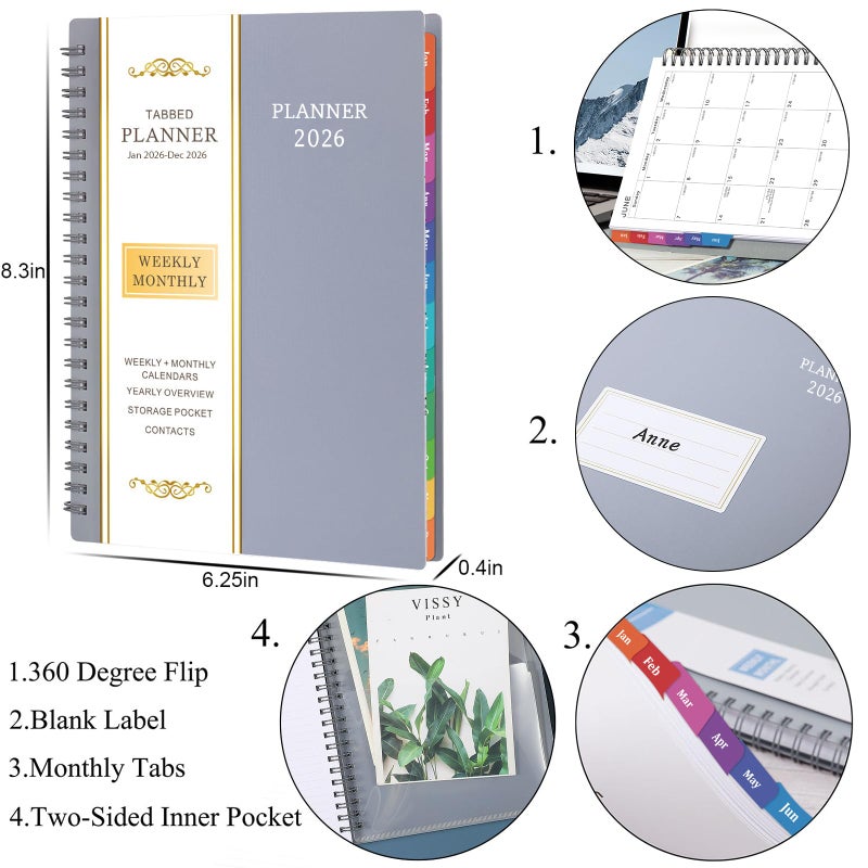 BooQool 2026 Planner - Jan 2026 - Dec 2026, 2026 Calendar Planner, 2026 Planner Weekly and Monthly, 6.25" Ã— 8.3", Tabs, Inner Pocket, Strong Twin-Wire Binding, Holiday - Image 4