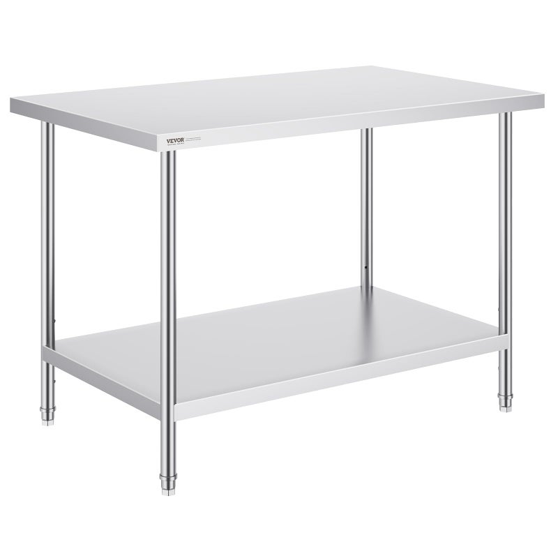 VEVOR Stainless Steel Prep Table 30 x 48 x 34 Inch 880 lbs Load Capacity Heavy Duty Metal Worktable with 3 Adjustable Height Levels Commercial Workstation for Kitchen Garage Restaurant Backyard