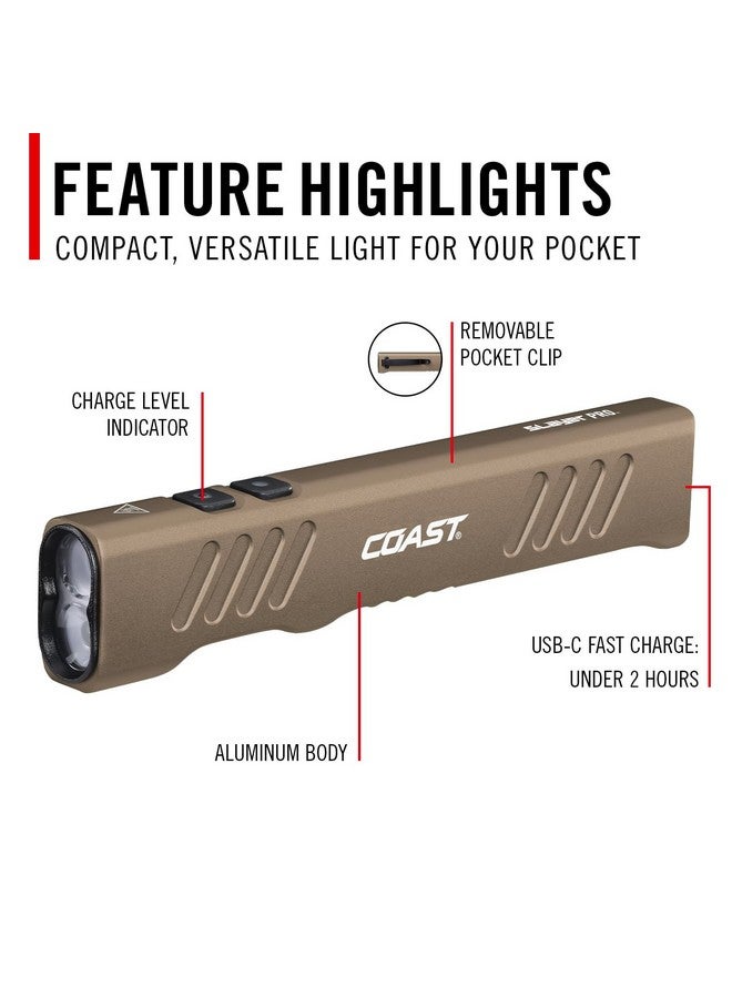 كوست مصباح يدوي LED قابل لإعادة الشحن من Coast Slayer بقوة 1150 لومن بمنفذ USB-C مع وضع Spot/Flood ووضع الذاكرة ومشبك الجيب، لون Dune - Image 3