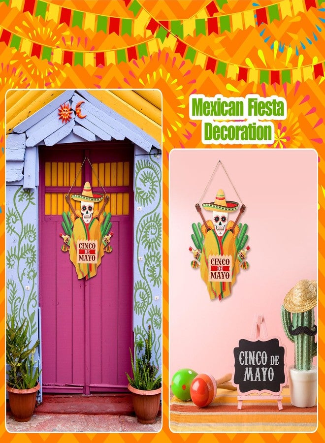 Menkxi 1 Pcs Cinco De Mayo Door Sign Decoration Mexican Skeleton Front Door Welcome Hanger Wreath Wooden Hanging Signs for Cinco De Mayo Party Supplies(Mexican Theme) - Image 4