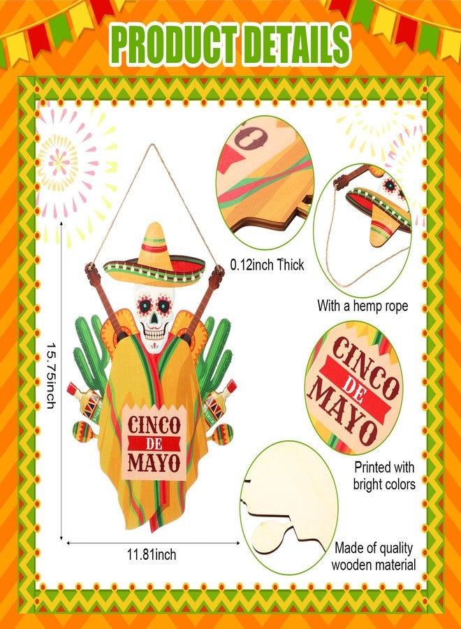 Menkxi 1 Pcs Cinco De Mayo Door Sign Decoration Mexican Skeleton Front Door Welcome Hanger Wreath Wooden Hanging Signs for Cinco De Mayo Party Supplies(Mexican Theme) - Image 2