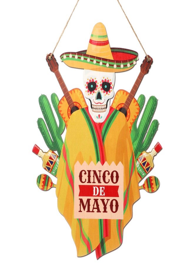 Menkxi 1 Pcs Cinco De Mayo Door Sign Decoration Mexican Skeleton Front Door Welcome Hanger Wreath Wooden Hanging Signs for Cinco De Mayo Party Supplies(Mexican Theme) - Image 1