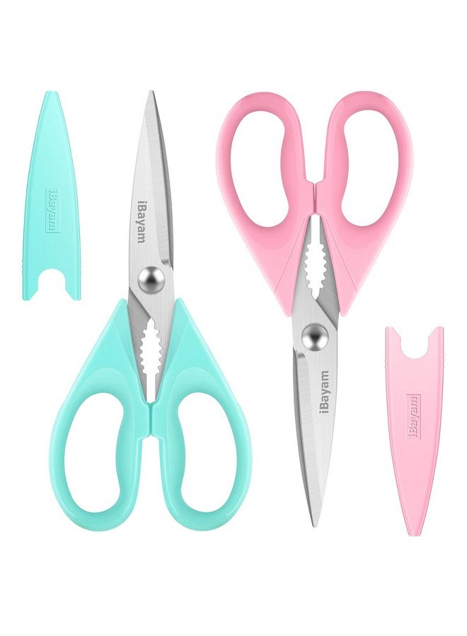 iBayam مقص مطبخ iBayam - مقصات لحم ثقيلة متعددة الاستخدامات، مقصات دواجن، آمنة للغسل في غسالة الصحون، فولاذ مقاوم للصدأ، عبوة من 2، وردي باهت، أزرق نعناعي - Image 1