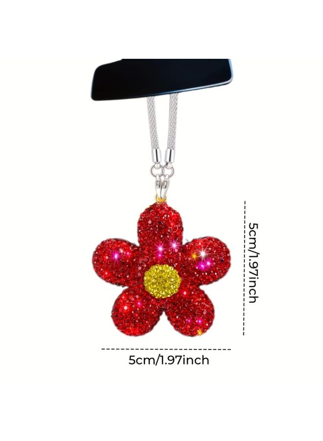 Red Daisy Car Hanging Decoration with Rhinestones Floral Rearview Mirror Charm Pendant Gift for Women Drivers - Image 2