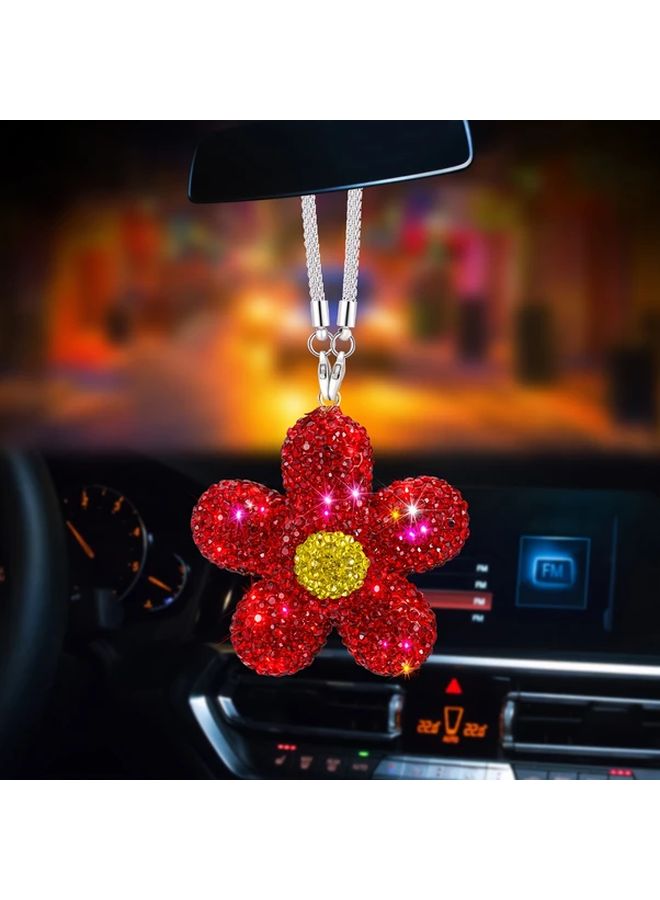 Red Daisy Car Hanging Decoration with Rhinestones Floral Rearview Mirror Charm Pendant Gift for Women Drivers - Image 4