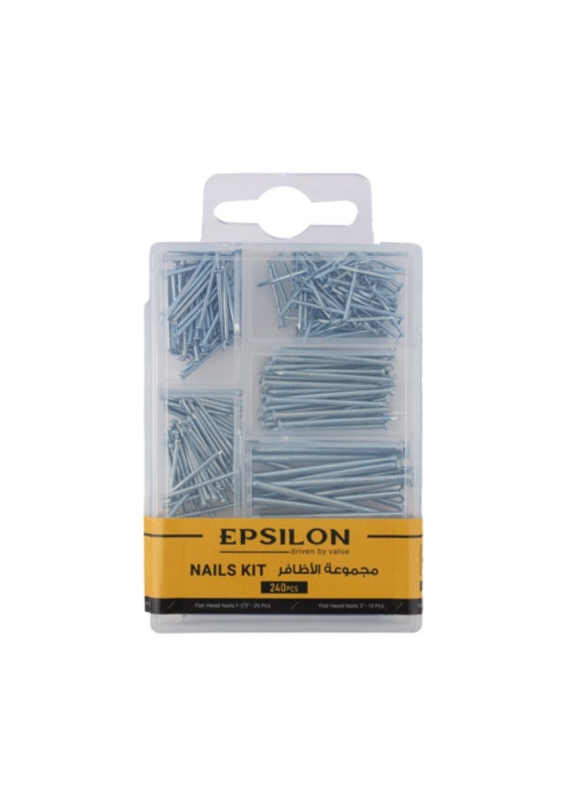 Epsilon EPSNS1419 240-Piece Assorted Nails Kit, Flat Head & Semi Round Metal Nails for DIY, Woodworking, Carpentry, Framing, Home Repairs & Construction, Silver - Image 1
