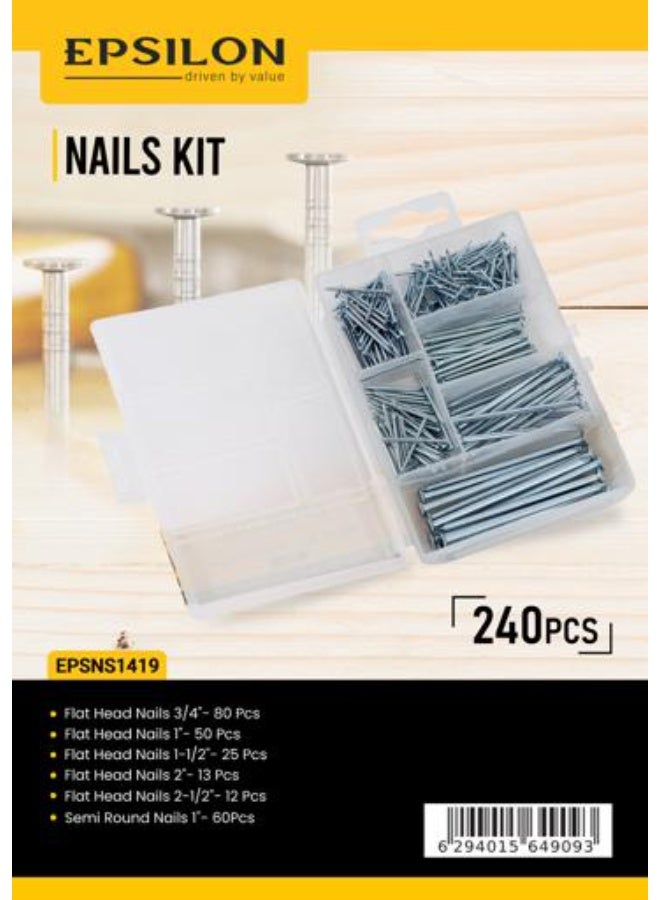 Epsilon EPSNS1419 240-Piece Assorted Nails Kit, Flat Head & Semi Round Metal Nails for DIY, Woodworking, Carpentry, Framing, Home Repairs & Construction, Silver - Image 5