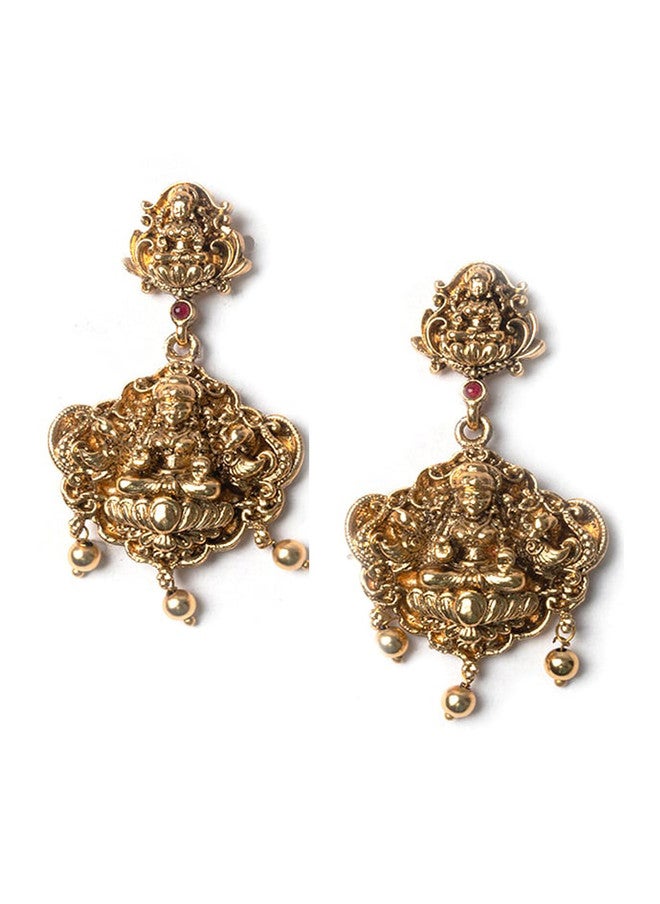 StileAdda Gold-Plated Temple Necklace and Earrings Set with Green Stone and Beaded Details - Image 4