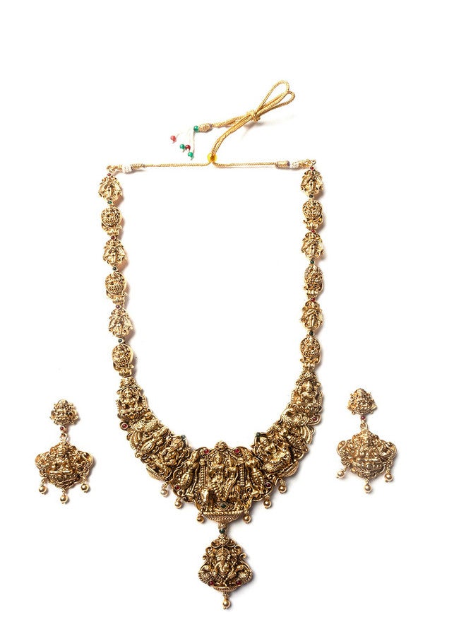StileAdda Gold-Plated Temple Necklace and Earrings Set with Green Stone and Beaded Details - Image 2