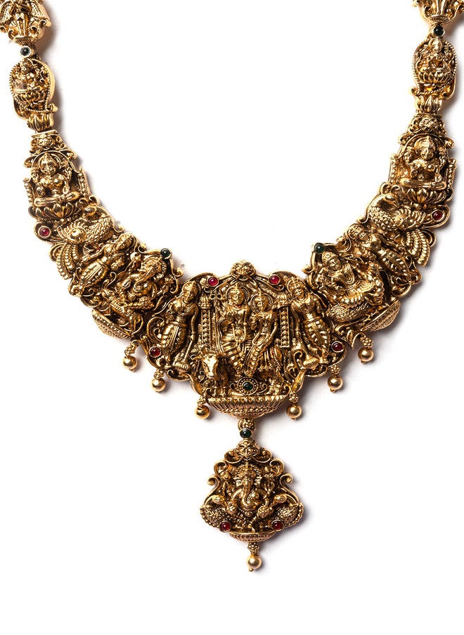 StileAdda Gold-Plated Temple Necklace and Earrings Set with Green Stone and Beaded Details - Image 3