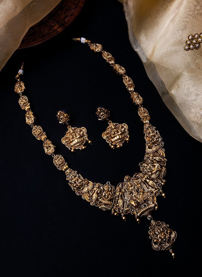 StileAdda Gold-Plated Temple Necklace and Earrings Set with Green Stone and Beaded Details - Image 1