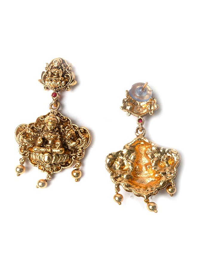 StileAdda Gold-Plated Temple Necklace and Earrings Set with Green Stone and Beaded Details - Image 5