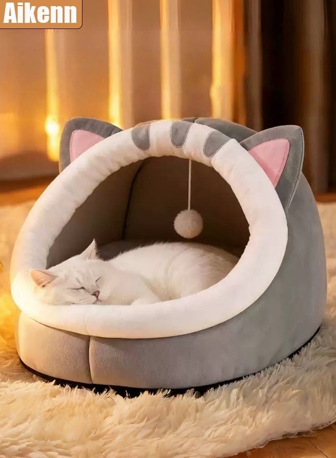 أسرة القطط للقطط الداخلية سرير كهف للقطط شبه مغلق مع كرة قطيفة ومساحة كبيرة للنوم سرير قطط مغطى ناعم ومريح مع بساط قابل للغسل والفصل - Image 1