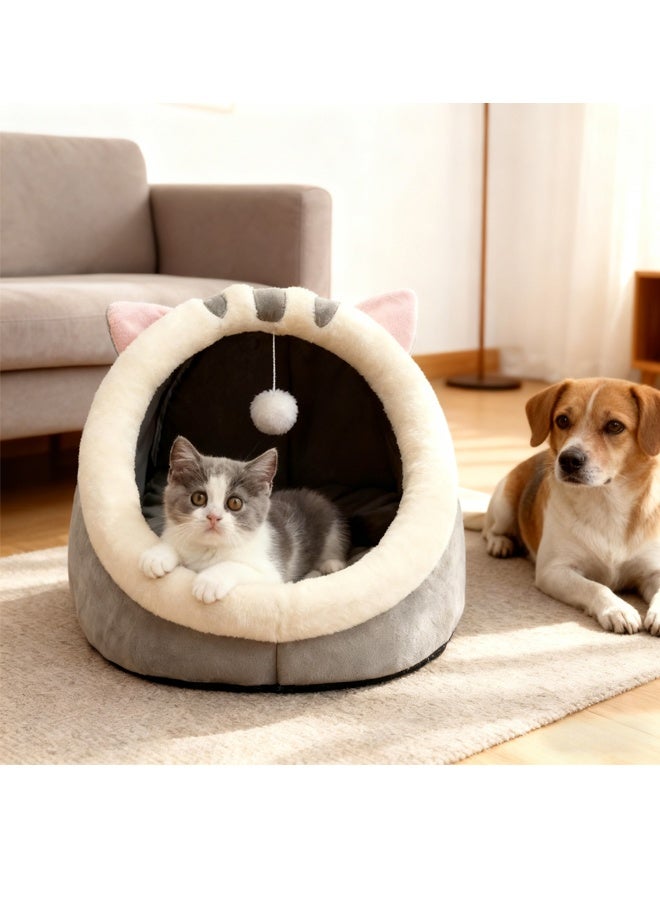 أسرة القطط للقطط الداخلية سرير كهف للقطط شبه مغلق مع كرة قطيفة ومساحة كبيرة للنوم سرير قطط مغطى ناعم ومريح مع بساط قابل للغسل والفصل - Image 2