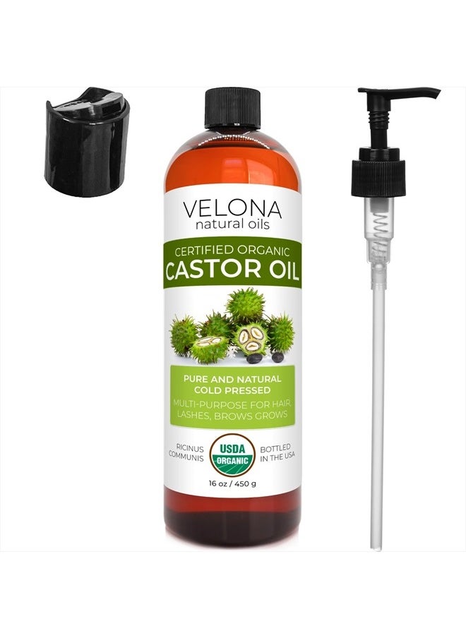 velona - USDA Certified Organic Castor Oil - 16 oz (With Pump) | For Hair Growth, Boost Eyelashes, Eyebrows | Cold pressed, Natural Oil, USP Grade | Hexane Free, Lash Serum, Caster - Image 1
